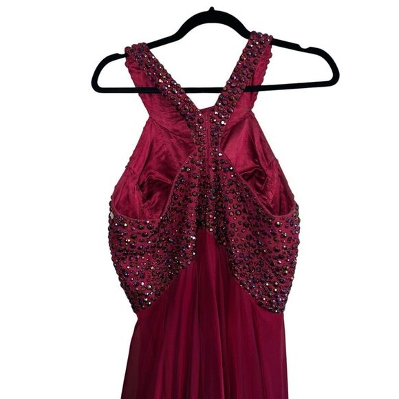 Sherri Hill Beaded Halter Back Fit & Flare Burgundy Ball Gown – Size 18 - Picture 9 of 13
